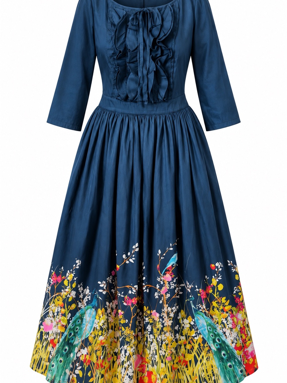 eshakti Navy Peacock Floral Ruffle Maxi Dress size 18 Whimsy Cottagecore Art